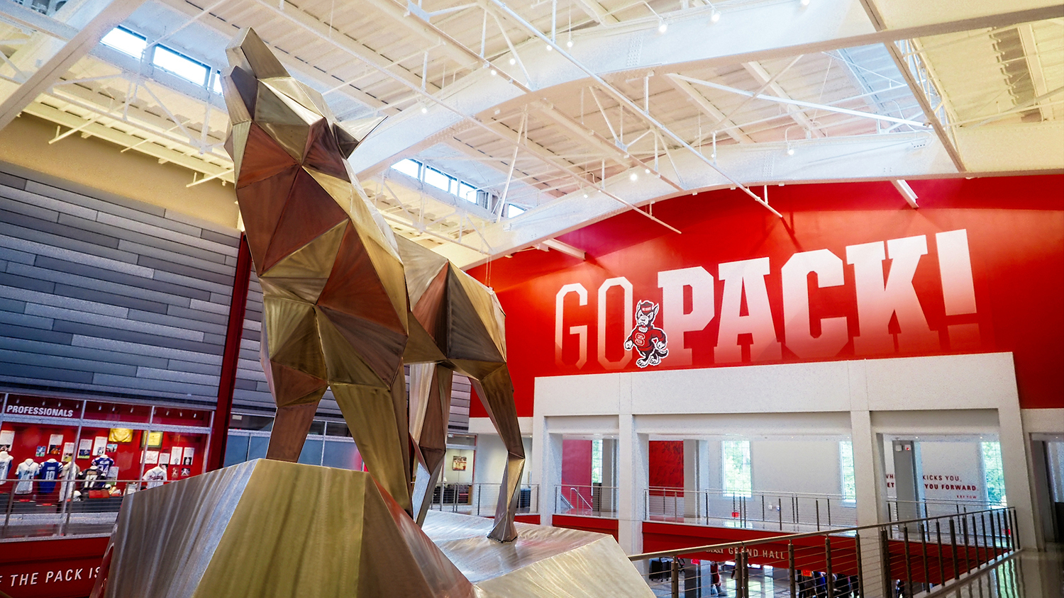 Photograph of the geometric wolf inside Reynolds Coliseum at NC State.